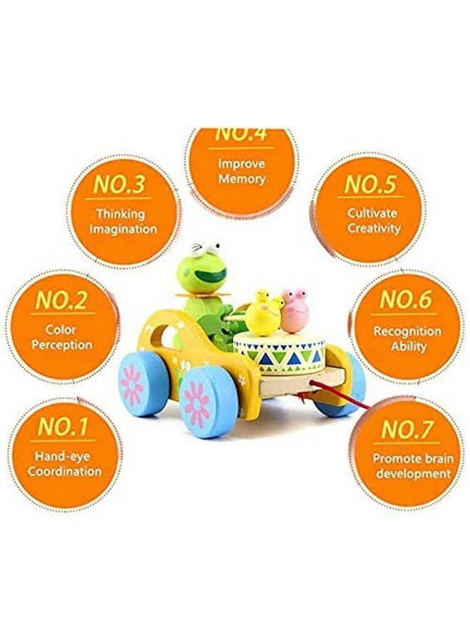 Wooden Drum Musical Pull Along Toy, Baby Early Walking Pull Toy, Rope Toy For Babies, Walking Toy Vehicle For Babies Wood, Multi Color (Pack Of 1) (Frog)