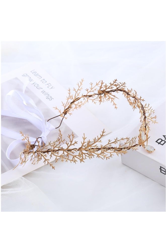 Gold Elf Flower Crown Handmade Fairy Floral Headband Woodland Elven Headpiece with Rhinestone Accessory for Women Girls Wedding Cosplay Prom Photoshoot