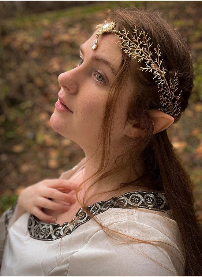 Gold Elf Flower Crown Handmade Fairy Floral Headband Woodland Elven Headpiece with Rhinestone Accessory for Women Girls Wedding Cosplay Prom Photoshoot