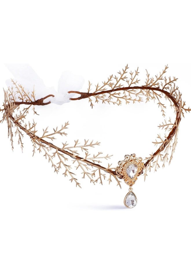 Gold Elf Flower Crown Handmade Fairy Floral Headband Woodland Elven Headpiece with Rhinestone Accessory for Women Girls Wedding Cosplay Prom Photoshoot