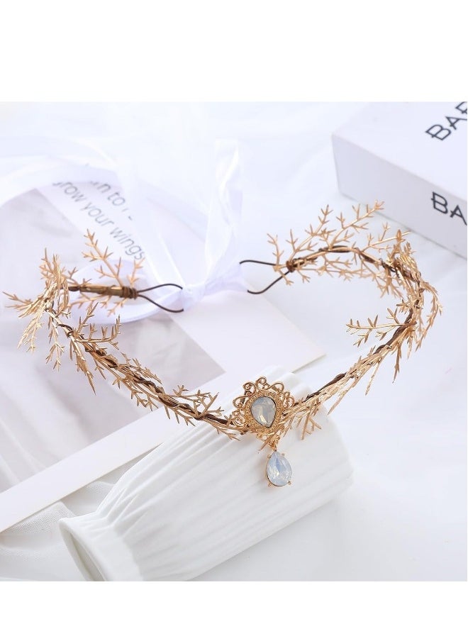 Gold Elf Flower Crown Handmade Fairy Floral Headband Woodland Elven Headpiece with Rhinestone Accessory for Women Girls Wedding Cosplay Prom Photoshoot