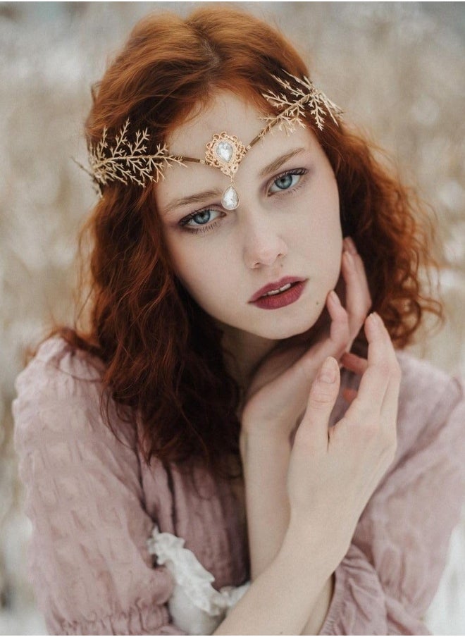 Gold Elf Flower Crown Handmade Fairy Floral Headband Woodland Elven Headpiece with Rhinestone Accessory for Women Girls Wedding Cosplay Prom Photoshoot