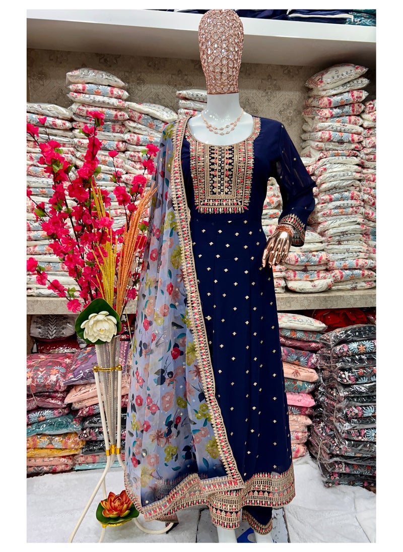 Presenting new designer fox georgette blue gown with embroidered work