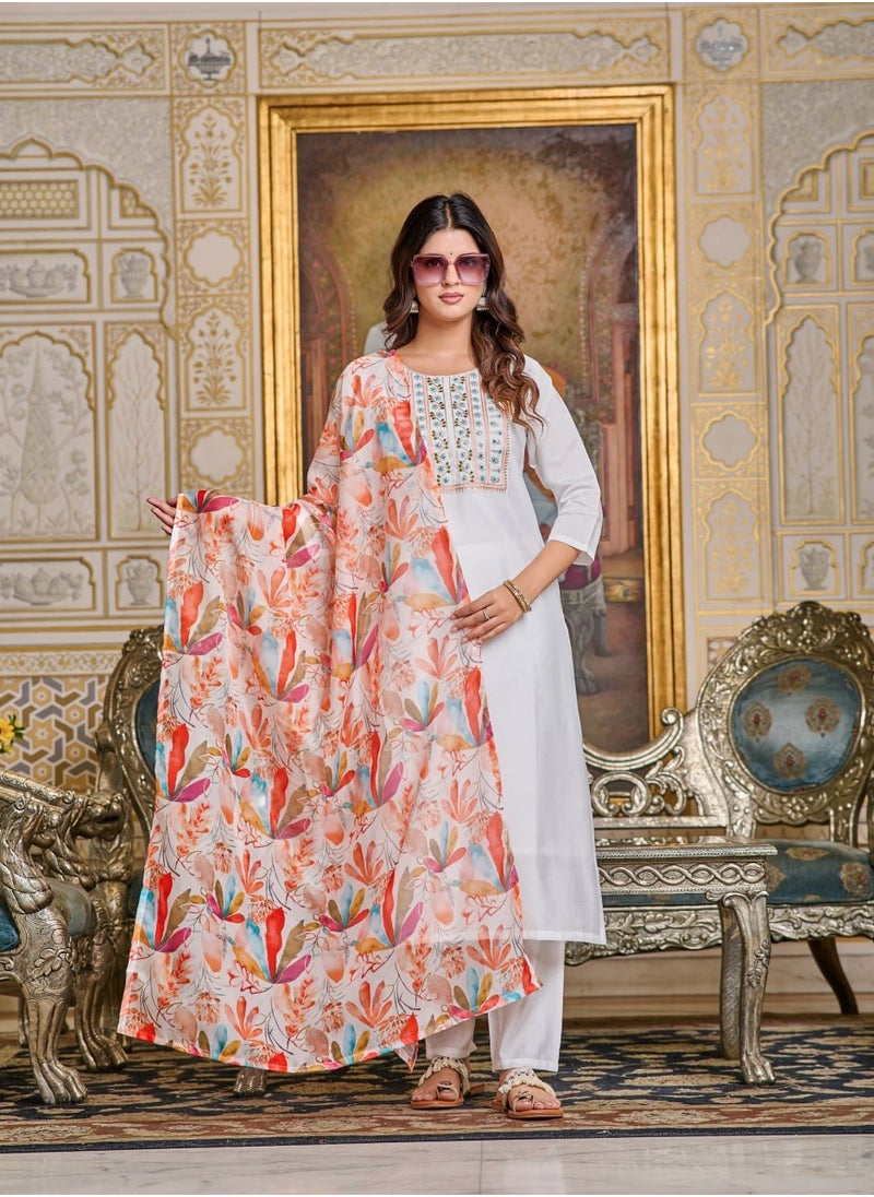 Women Chanderi White Kurta with Pant and Digital Print Dupatta Set