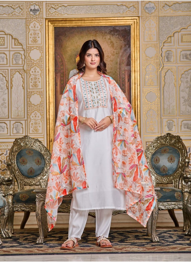 Women Chanderi White Kurta with Pant and Digital Print Dupatta Set