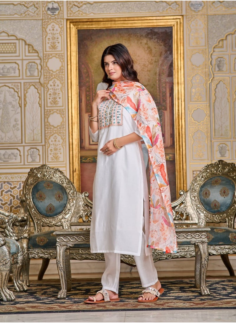 Women Chanderi White Kurta with Pant and Digital Print Dupatta Set