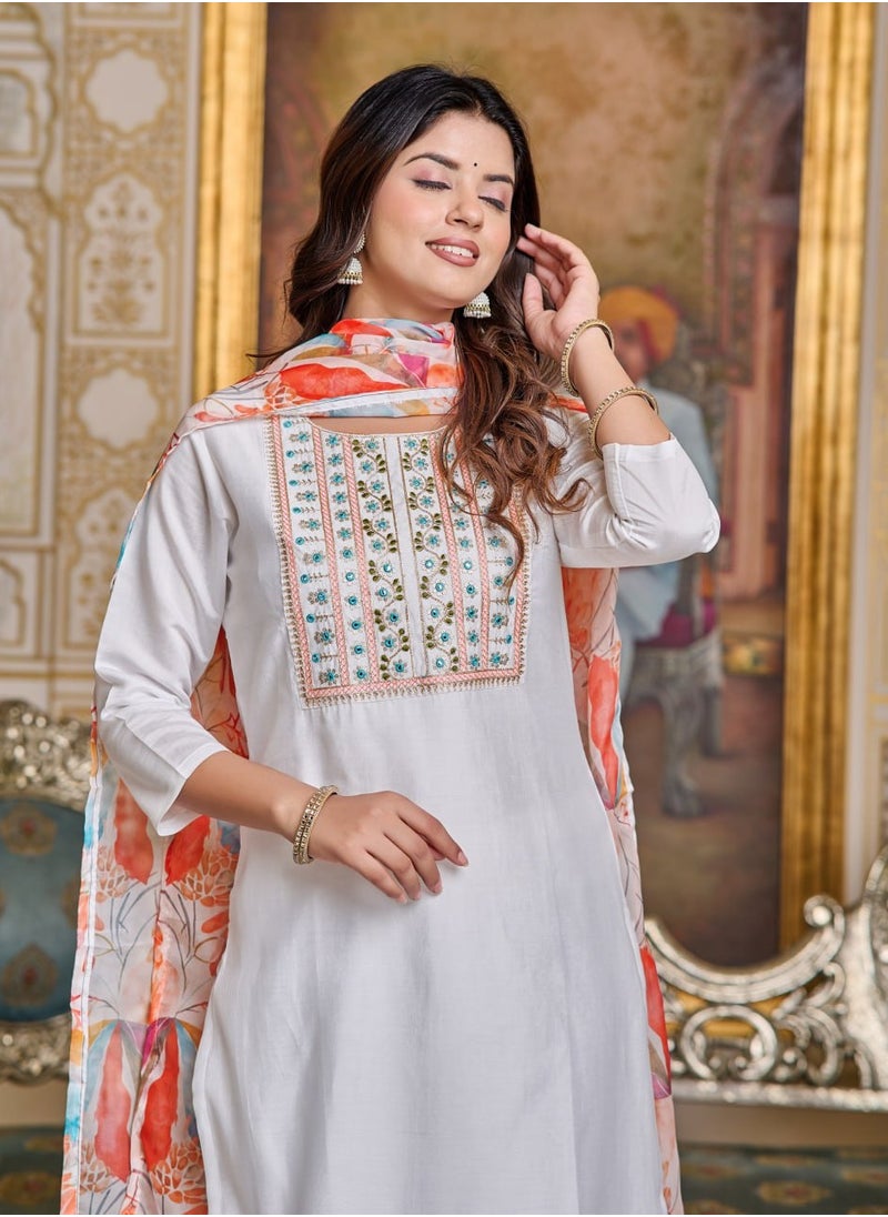 Women Chanderi White Kurta with Pant and Digital Print Dupatta Set