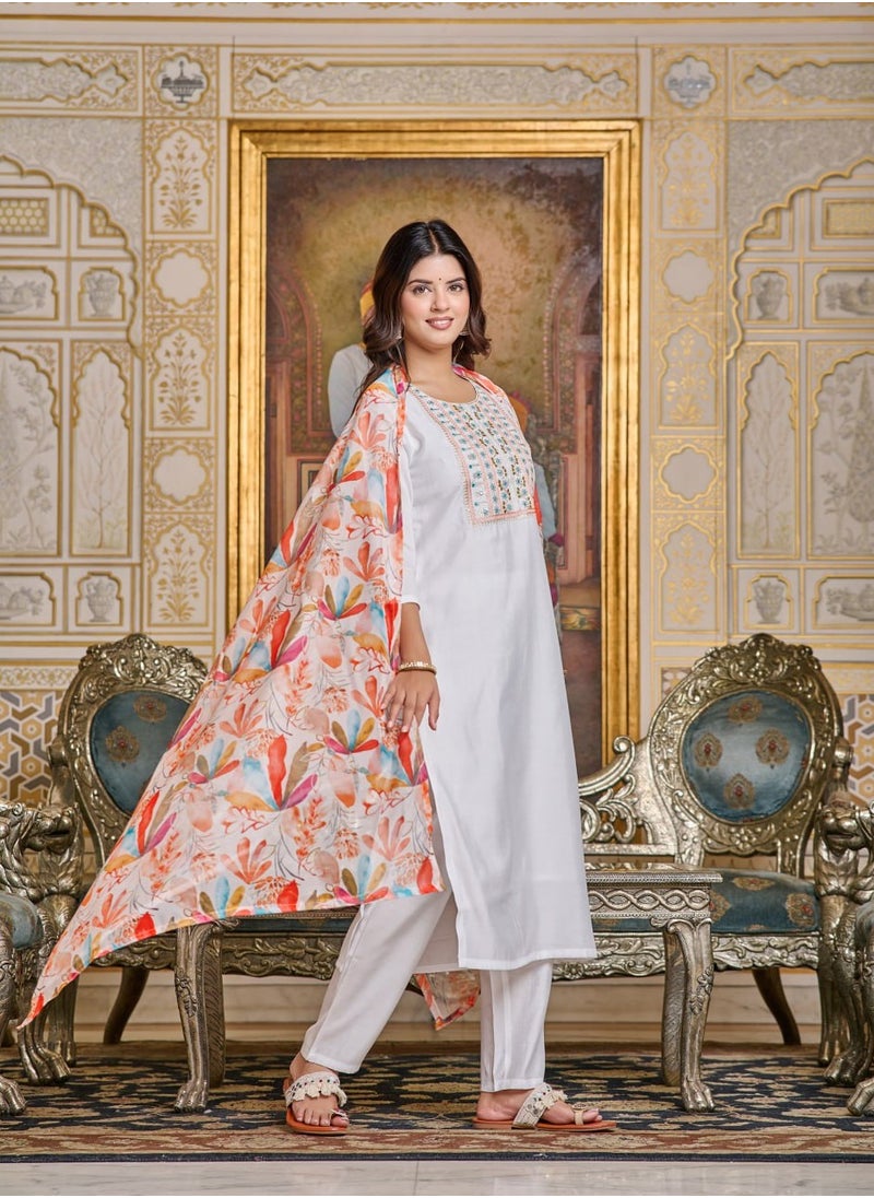 Women Chanderi White Kurta with Pant and Digital Print Dupatta Set