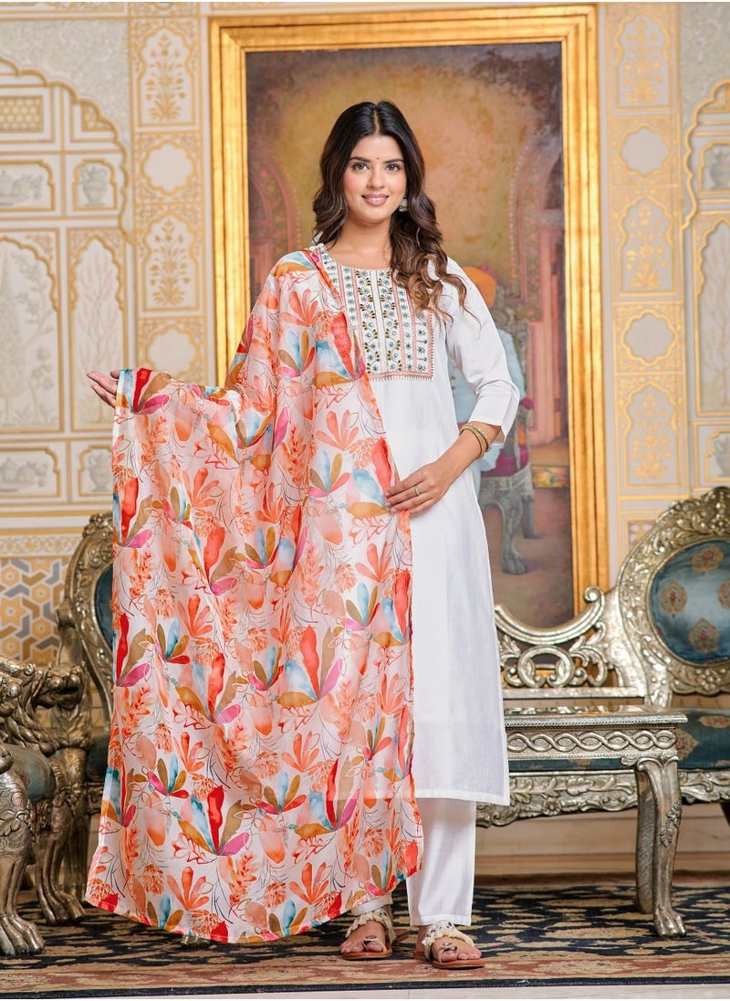 Women Chanderi White Kurta with Pant and Digital Print Dupatta Set