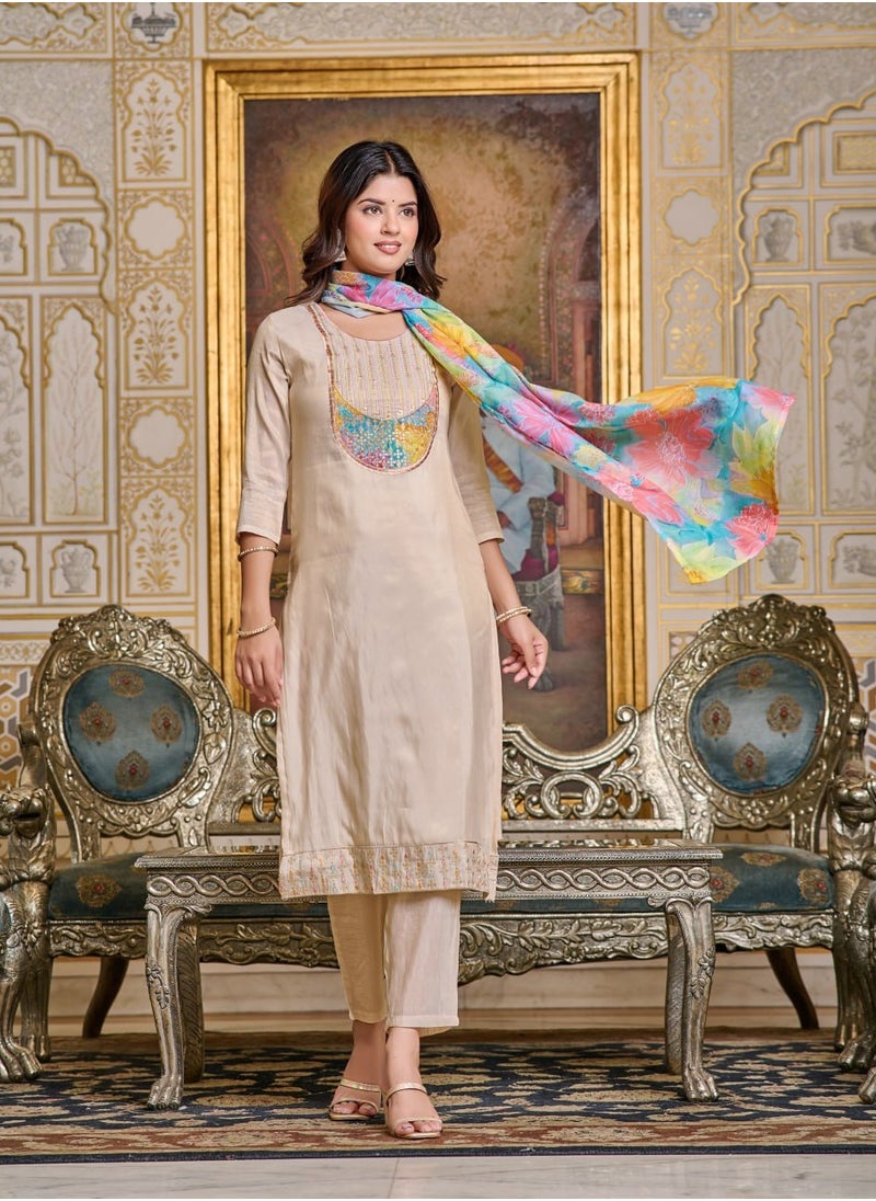 Women Chanderi CREAM Kurta with Pant and Digital Print Dupatta Set