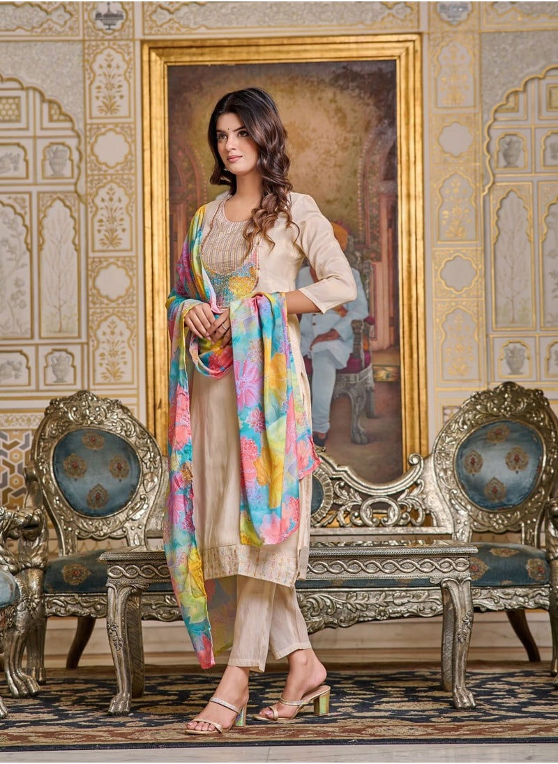 Women Chanderi CREAM Kurta with Pant and Digital Print Dupatta Set