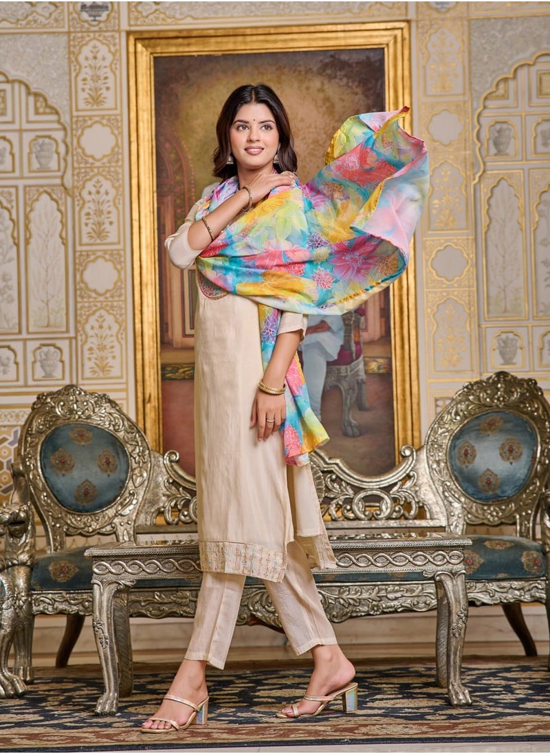 Women Chanderi CREAM Kurta with Pant and Digital Print Dupatta Set