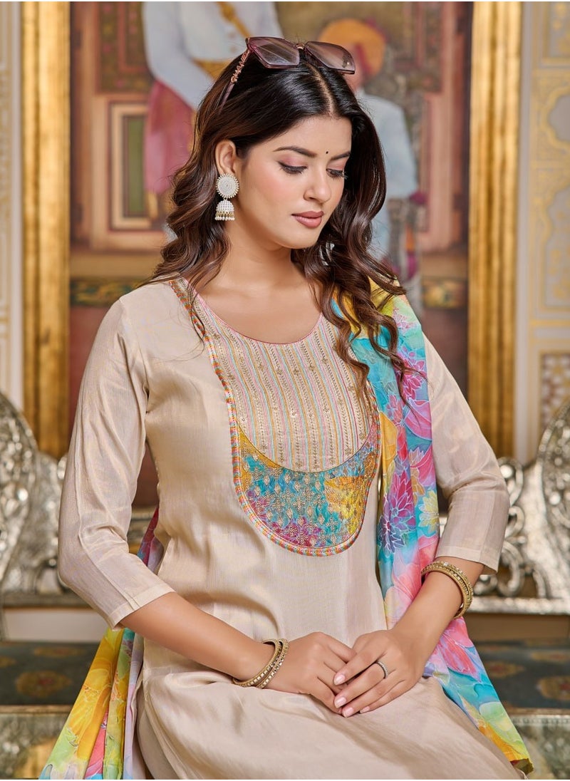 Women Chanderi CREAM Kurta with Pant and Digital Print Dupatta Set