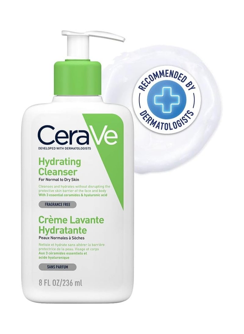 Hydrating Cleanser Face and Body Wash for Normal to Dry skin with Hyaluronic Acid and Ceramides Fragrance Free Paraben Free 8Oz, 236 ML