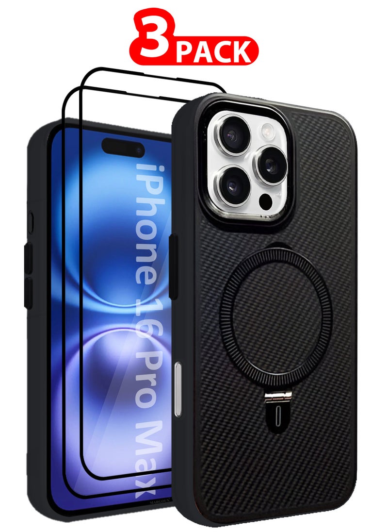 ( for iPhone 16 Pro Max ) 2Packs, Carbon Fiber Case Cover, Kickstand  Metal Bracket, Magsafe Compatible with 2 Shockproof Screen Protectors - Black