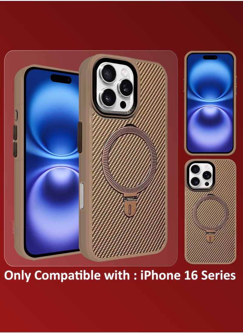 ( for iPhone 16 Pro Max ) Carbon Fiber Case Cover, Kickstand  Metal Bracket, Magsafe Compatible - Beige