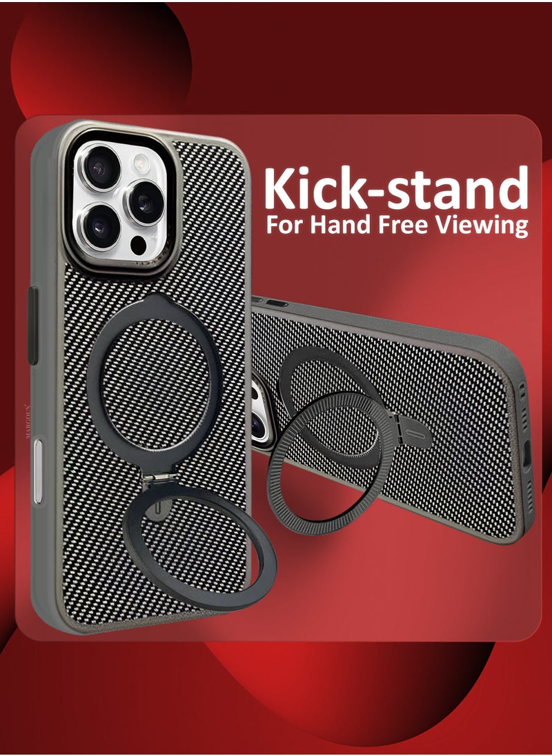 ( for iPhone 16 Pro Max ) 2Packs, Carbon Fiber Case Cover, Kickstand  Metal Bracket, Magsafe Compatible with 2 Shockproof Screen Protectors - Grey