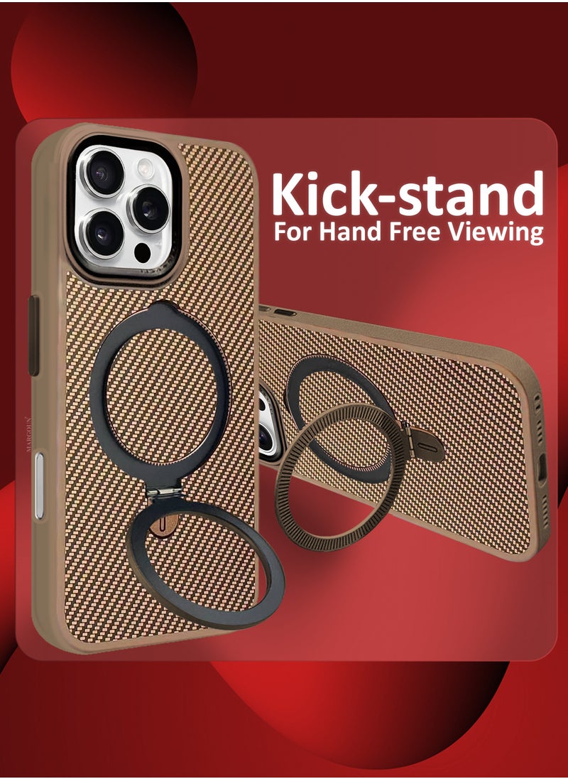 ( for iPhone 16 Pro ) 2Packs, Carbon Fiber Case Cover, Kickstand  Metal Bracket, Magsafe Compatible with Shockproof Screen Protector - Beige