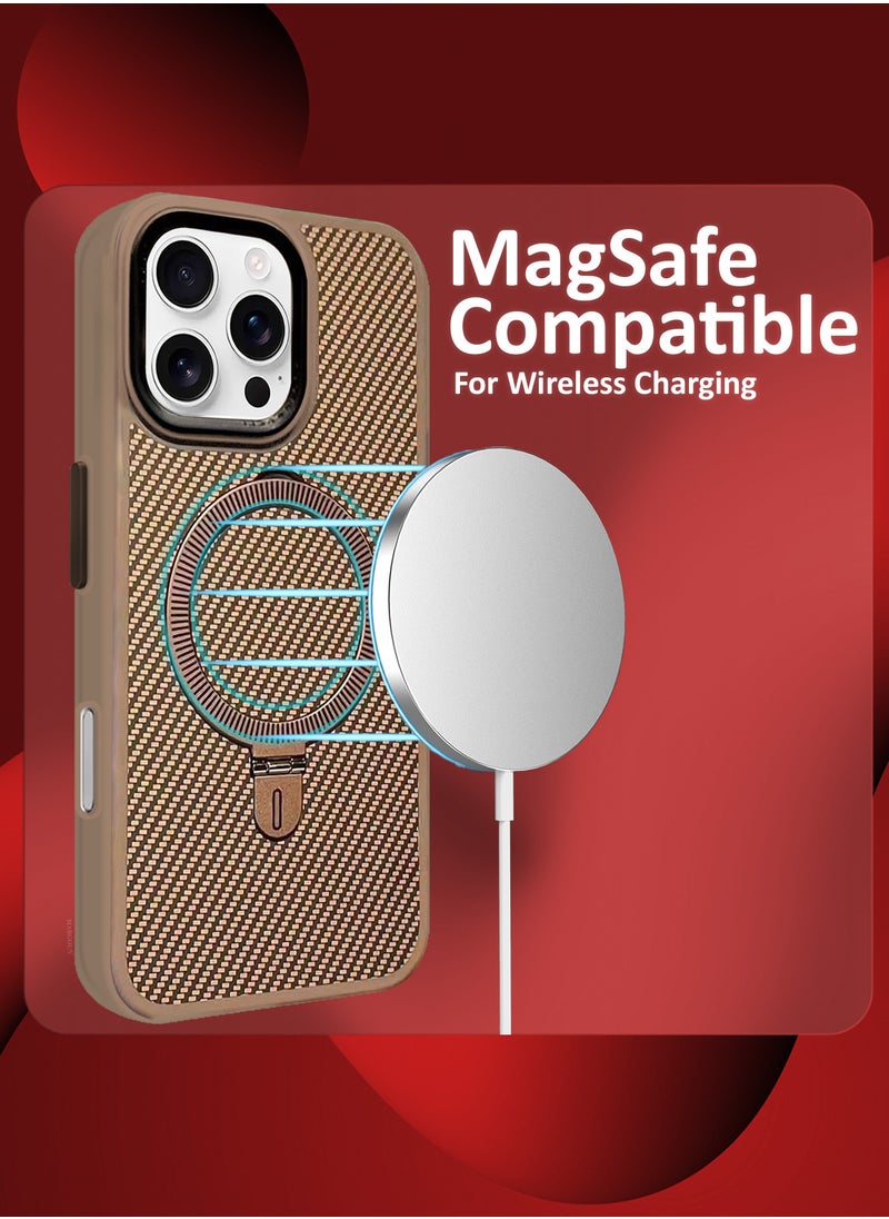 ( for iPhone 16 Pro ) 2Packs, Carbon Fiber Case Cover, Kickstand  Metal Bracket, Magsafe Compatible with Shockproof Screen Protector - Beige