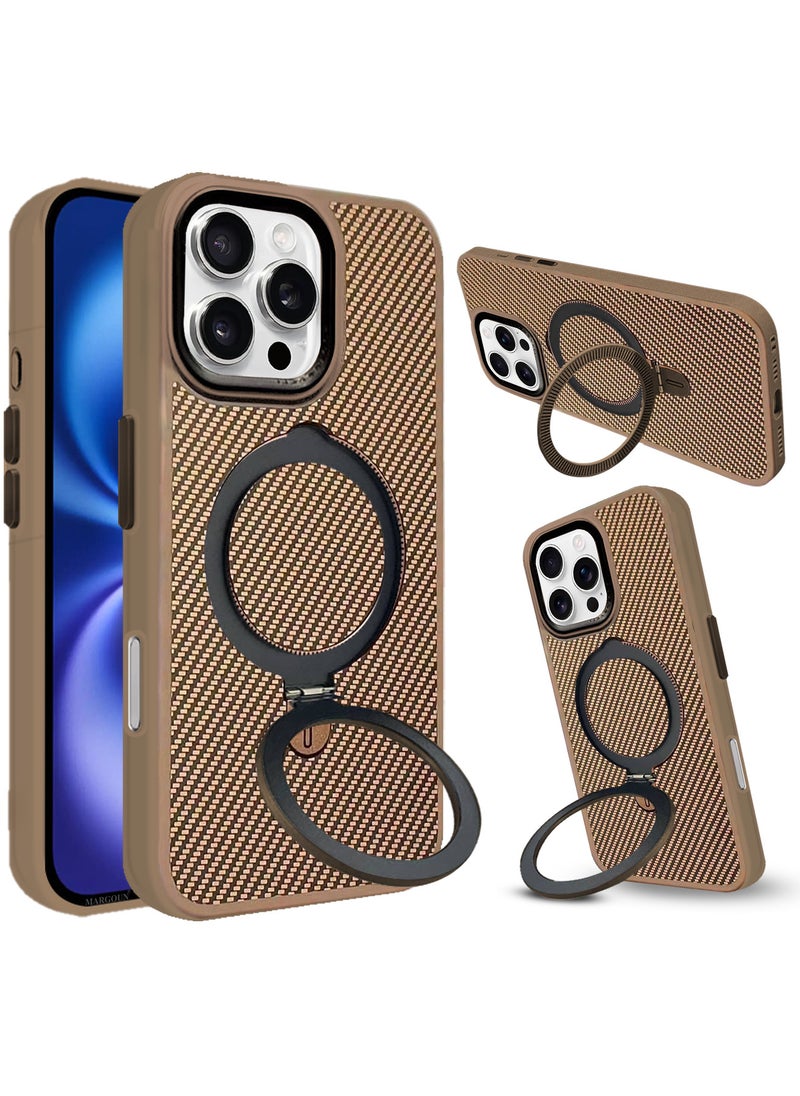 ( for iPhone 16 Pro ) 2Packs, Carbon Fiber Case Cover, Kickstand  Metal Bracket, Magsafe Compatible with Shockproof Screen Protector - Beige