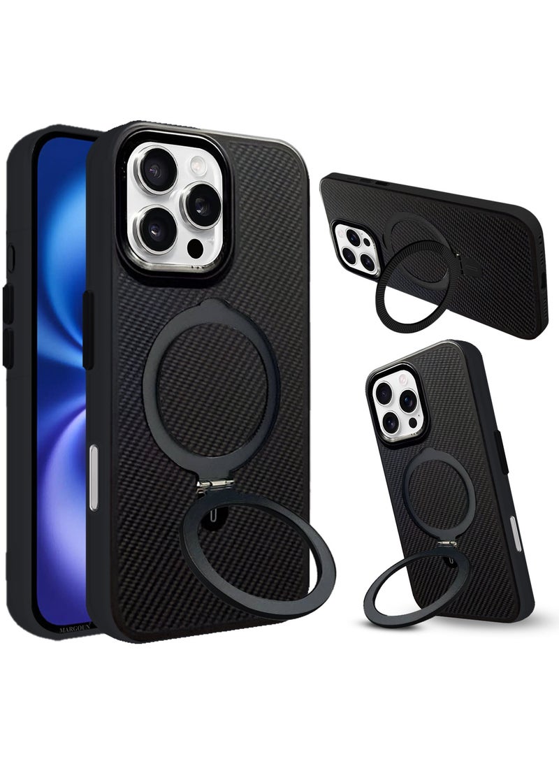 ( for iPhone 16 Pro ) 2Packs, Carbon Fiber Case Cover, Kickstand  Metal Bracket, Magsafe Compatible with 2 Shockproof Screen Protectors - Black