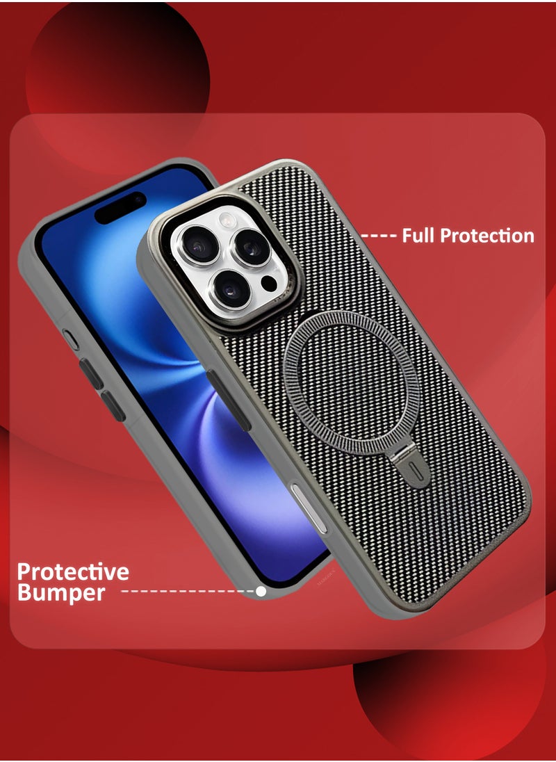 ( for iPhone 16 Pro ) 2Packs, Carbon Fiber Case Cover, Kickstand  Metal Bracket, Magsafe Compatible with Shockproof Screen Protector - Grey