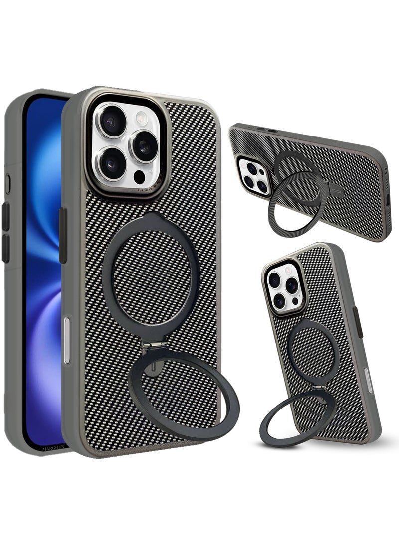 ( for iPhone 16 Pro ) 2Packs, Carbon Fiber Case Cover, Kickstand  Metal Bracket, Magsafe Compatible with Shockproof Screen Protector - Grey
