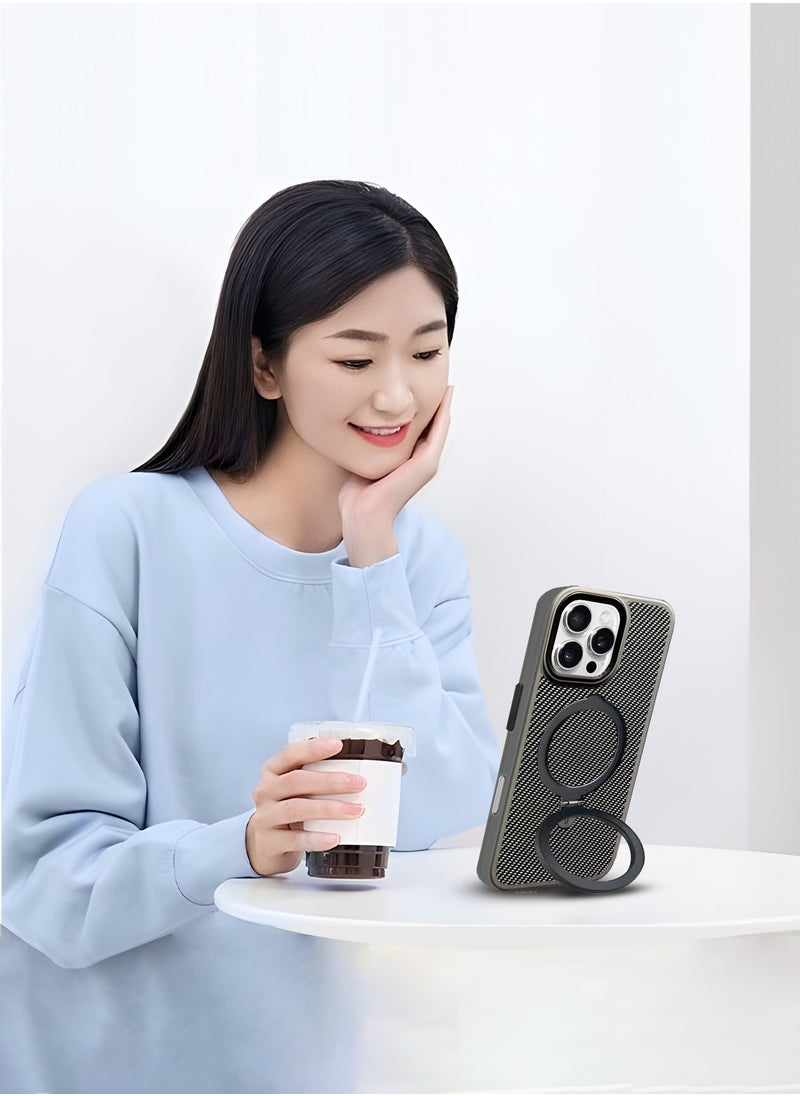 ( for iPhone 16 Pro ) 2Packs, Carbon Fiber Case Cover, Kickstand  Metal Bracket, Magsafe Compatible with Shockproof Screen Protector - Grey