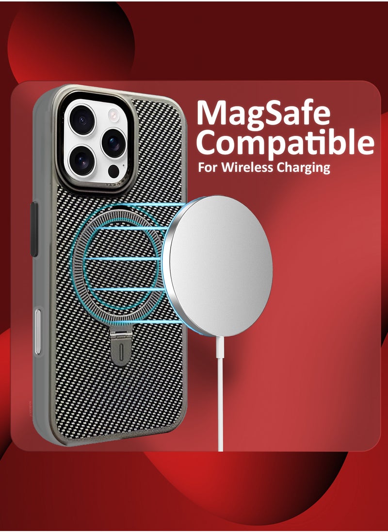 ( for iPhone 16 Pro ) Carbon Fiber Case Cover, Kickstand  Metal Bracket, Magsafe Compatible - Grey