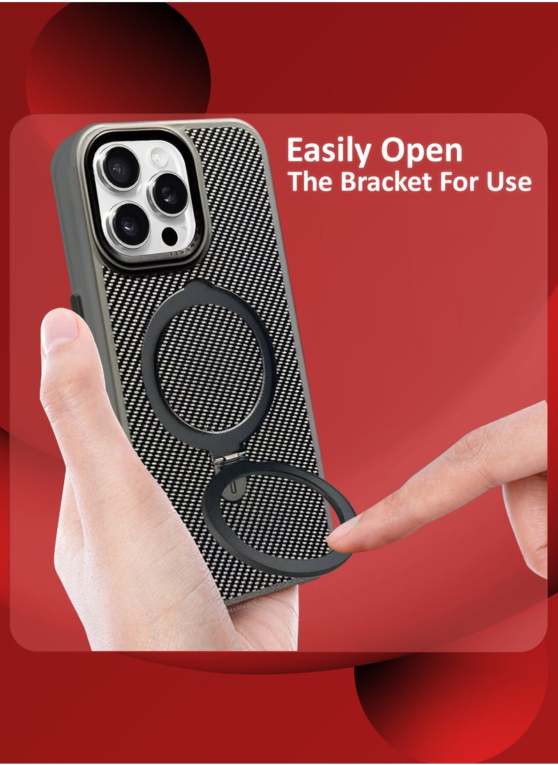 ( for iPhone 16 Pro ) Carbon Fiber Case Cover, Kickstand  Metal Bracket, Magsafe Compatible - Grey