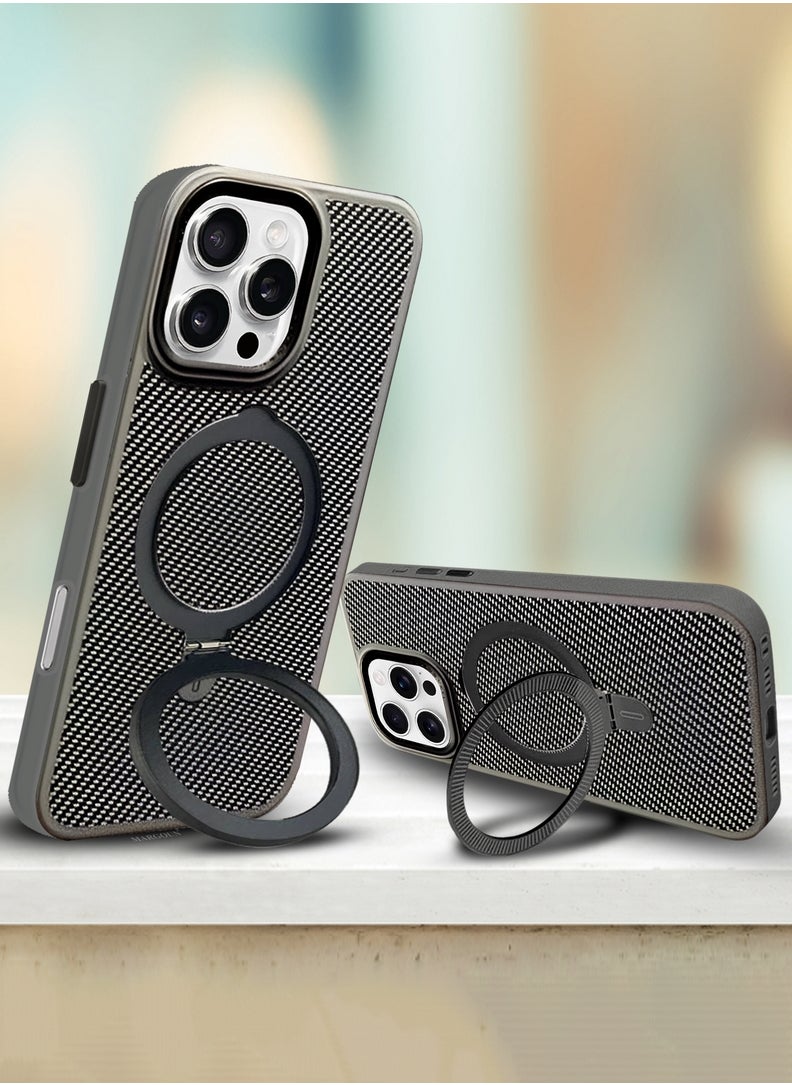 ( for iPhone 16 Pro ) Carbon Fiber Case Cover, Kickstand  Metal Bracket, Magsafe Compatible - Grey