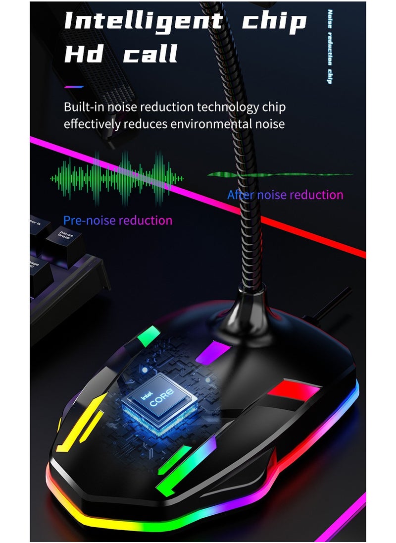 RGB Gaming Desktop USB Condenser Microphone – High-Definition Audio, 360° Sound Pickup, Noise-Canceling, Anti-Interference, One-Touch Mute, with RGB Lighting for Recording, Meetings, and Streaming