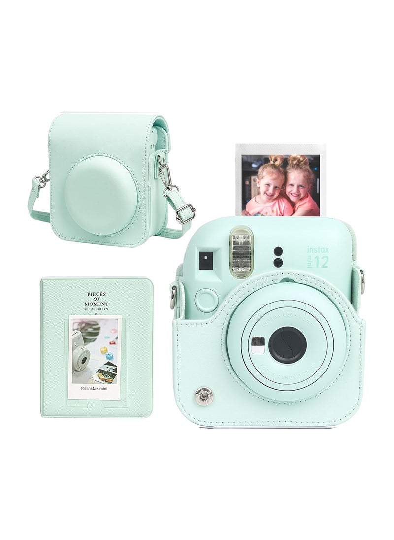 Protective Case for Fujifilm Instax Mini 12 Instant Camera, PU Leather Camera Carrying Bag Cover with Adjustable Shoulder Strap and Mini Photo Album 64 Pockets - Mint Green