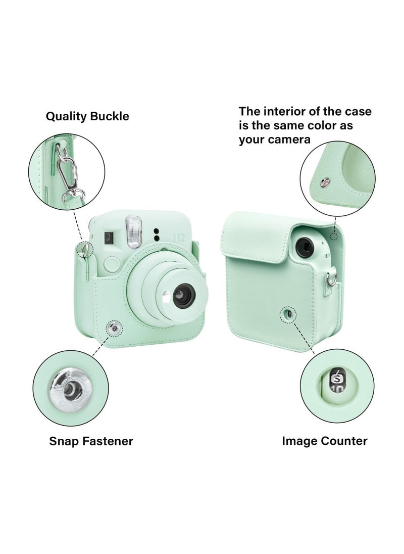 Protective Case for Fujifilm Instax Mini 12 Instant Camera, PU Leather Camera Carrying Bag Cover with Adjustable Shoulder Strap and Mini Photo Album 64 Pockets - Mint Green