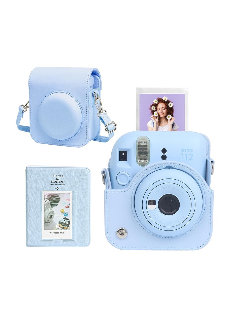 Protective Case for Fujifilm Instax Mini 12 Instant Camera, PU Leather Camera Carrying Bag Cover with Adjustable Shoulder Strap and Mini Photo Album 64 Pockets - Blue