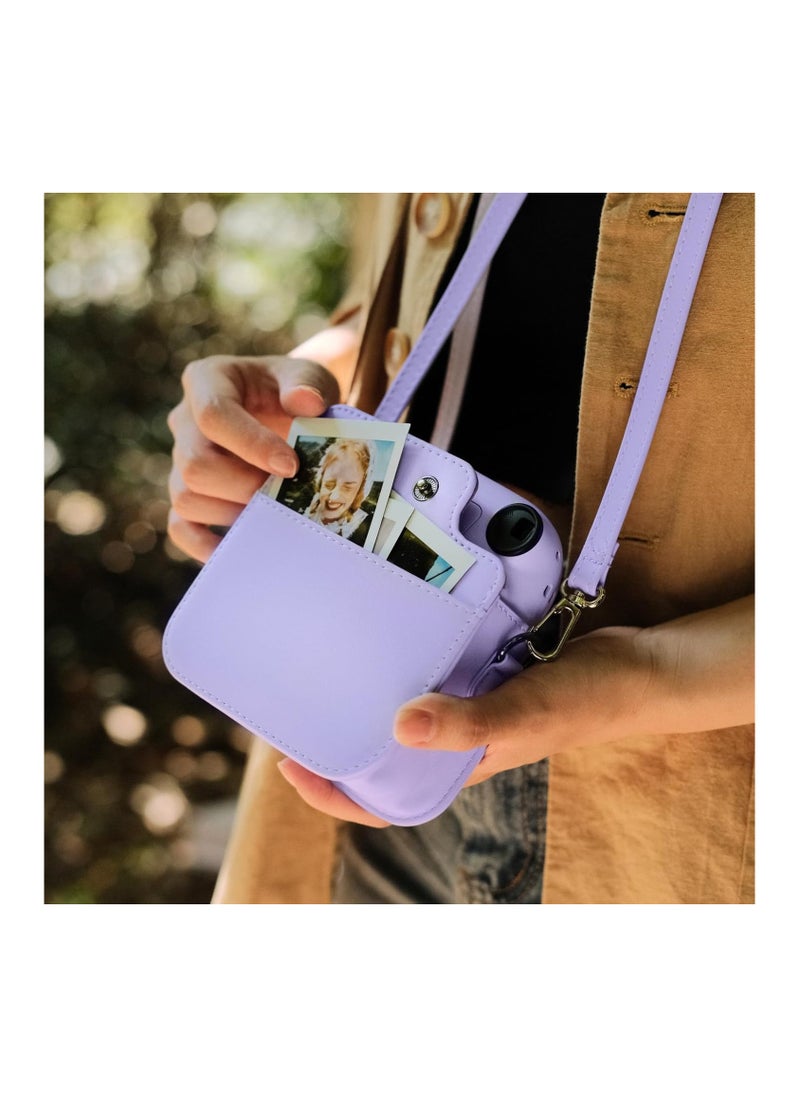 Protective Case for Fujifilm Instax Mini 12 Instant Camera, PU Leather Camera Carrying Bag Cover with Adjustable Shoulder Strap and Mini Photo Album 64 Pockets - Purple