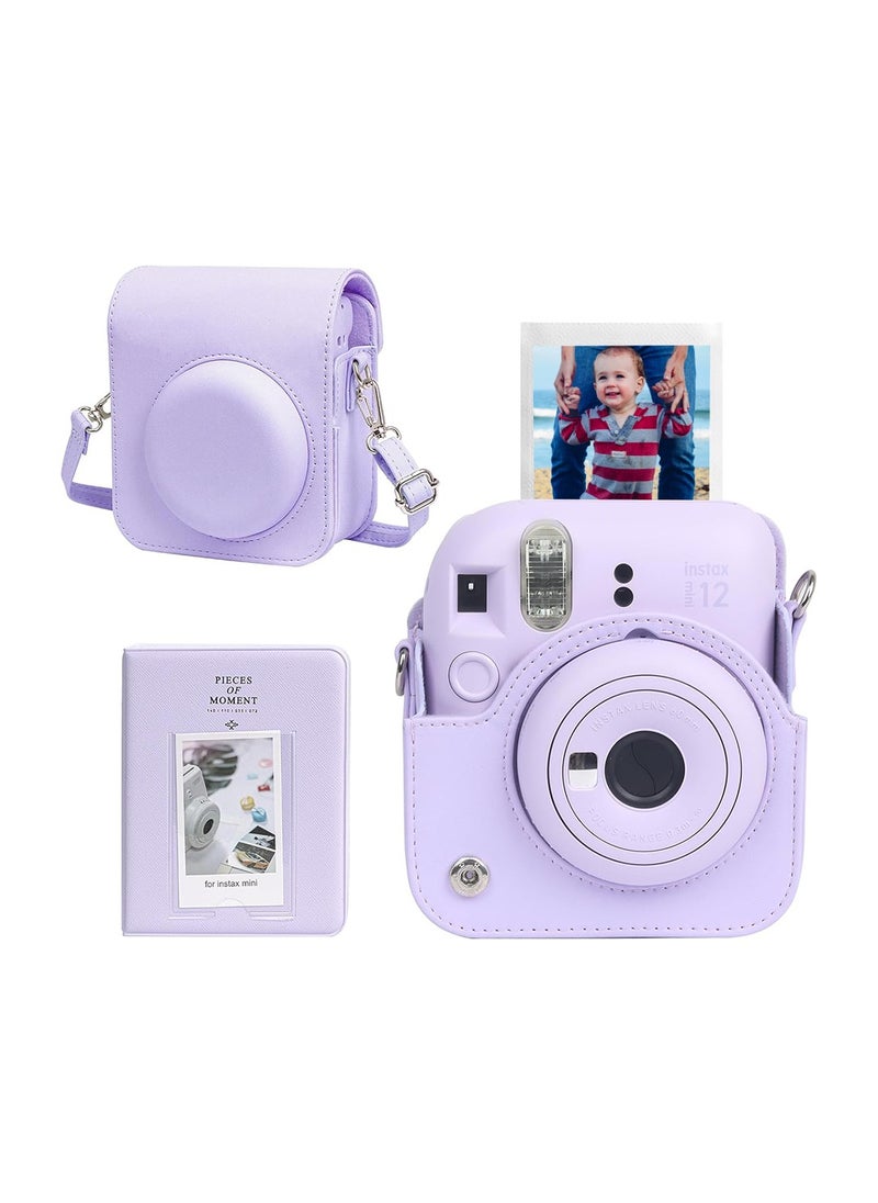 Protective Case for Fujifilm Instax Mini 12 Instant Camera, PU Leather Camera Carrying Bag Cover with Adjustable Shoulder Strap and Mini Photo Album 64 Pockets - Purple