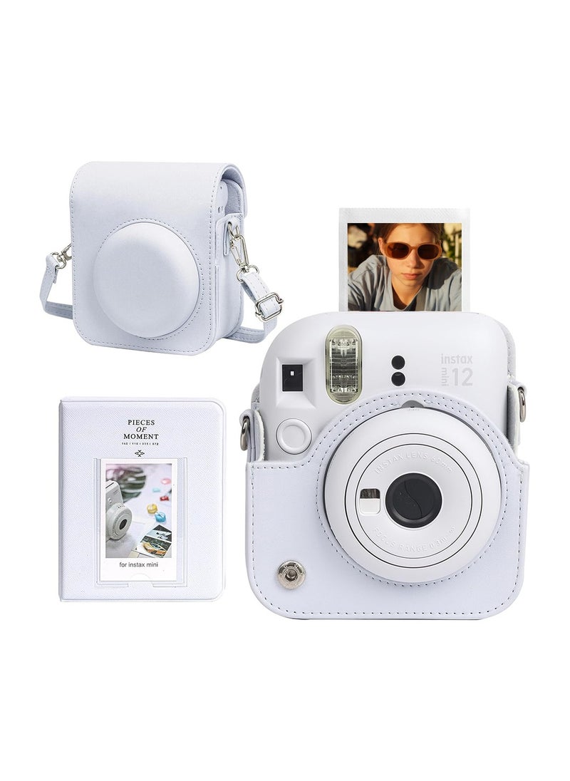 Protective Case for Fujifilm Instax Mini 12 Instant Camera, PU Leather Camera Carrying Bag Cover with Adjustable Shoulder Strap and Mini Photo Album 64 Pockets - White