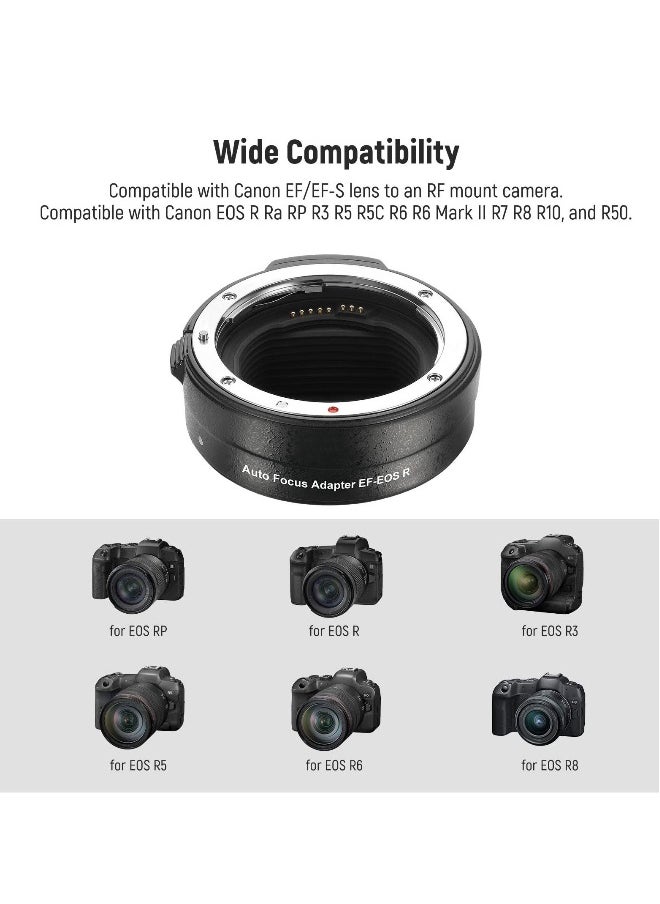 EF to EOS R Mount Adapter, EF/EF-S Lens to RF Mount Camera Autofocus Converter Ring Compatible with Canon EOS R Ra RP R6 Mark II R6 R5 R3 R7 R10 R8 R50