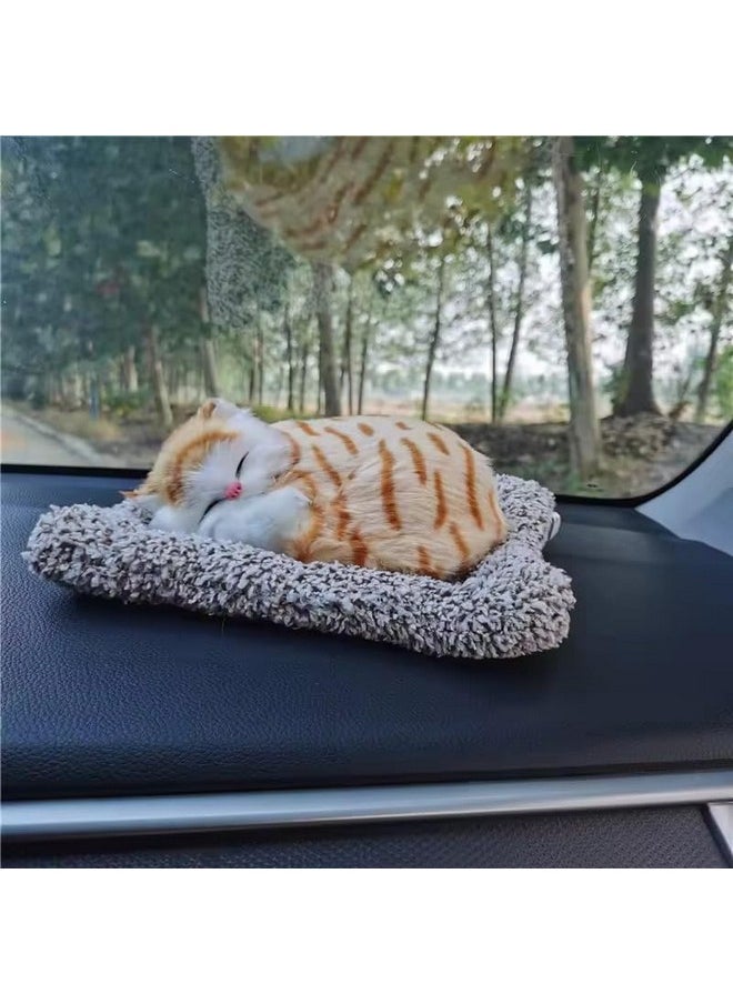 Cute Sleeping Cat Plush Toy With Meow Sound, Gift For Kids Car Dashboard Accessories (Stripped Orange)