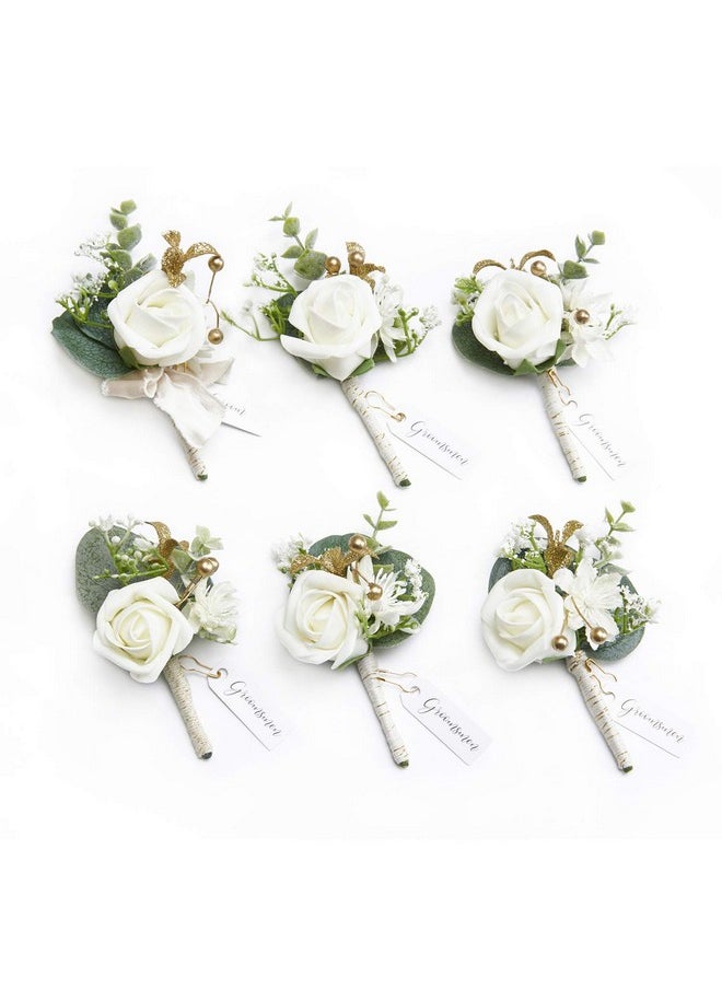 Boutonniere For Men, 6Pcs Groom Groomsmen Boutonniere, Artificial Flowers For Wedding Decor/Prom/Homecoming, Etc.White Baby Breath Ivory