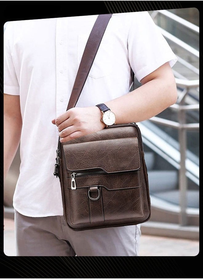 Retro Vertical Crossbody Bag Men's Leather Waterproof and Wear Resistant Shoulder Bag Business Portable Handbag with Adjustable Straps for Work Office Outdoor Dark Brown