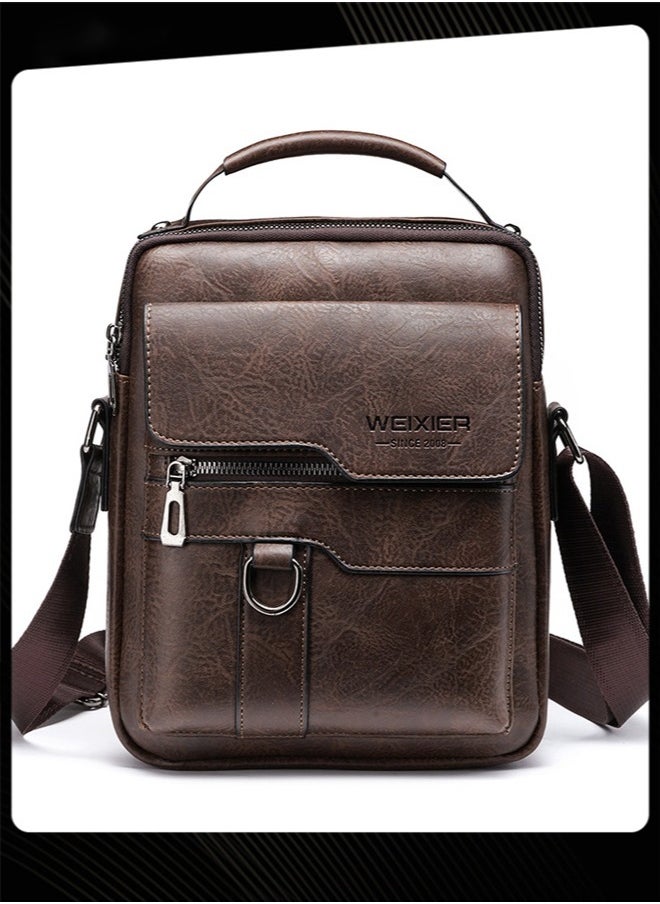 Retro Vertical Crossbody Bag Men's Leather Waterproof and Wear Resistant Shoulder Bag Business Portable Handbag with Adjustable Straps for Work Office Outdoor Dark Brown