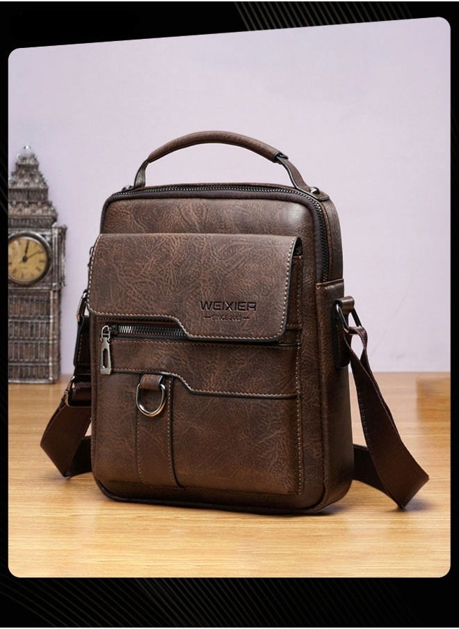 Retro Vertical Crossbody Bag Men's Leather Waterproof and Wear Resistant Shoulder Bag Business Portable Handbag with Adjustable Straps for Work Office Outdoor Dark Brown