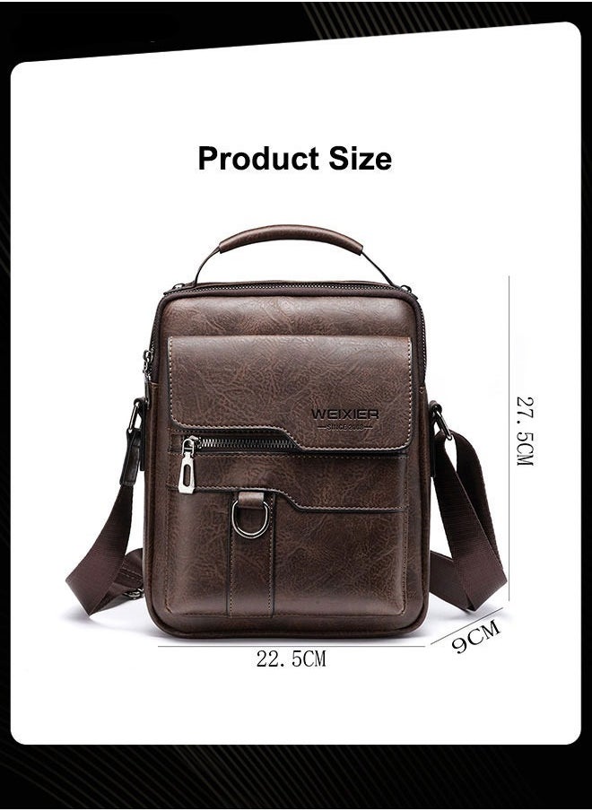 Retro Vertical Crossbody Bag Men's Leather Waterproof and Wear Resistant Shoulder Bag Business Portable Handbag with Adjustable Straps for Work Office Outdoor Dark Brown