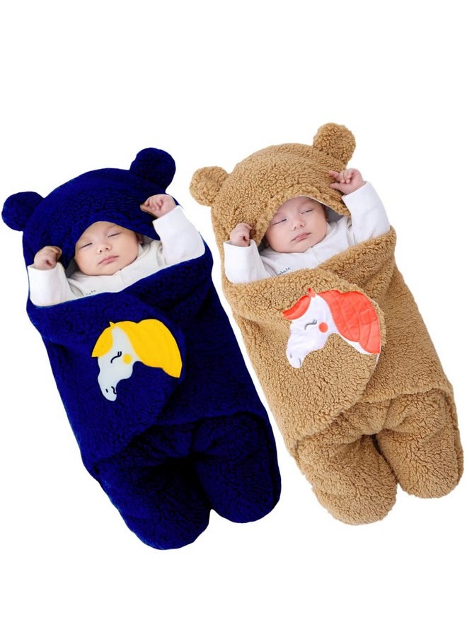 Baby Blankets New Born Combo Pack Of Wearable Hooded Swaddle Wrapper Sleeping Bag For Baby Boys And Baby Girls Pack Of 2 (0-6 Months, Navyblue & Beige)