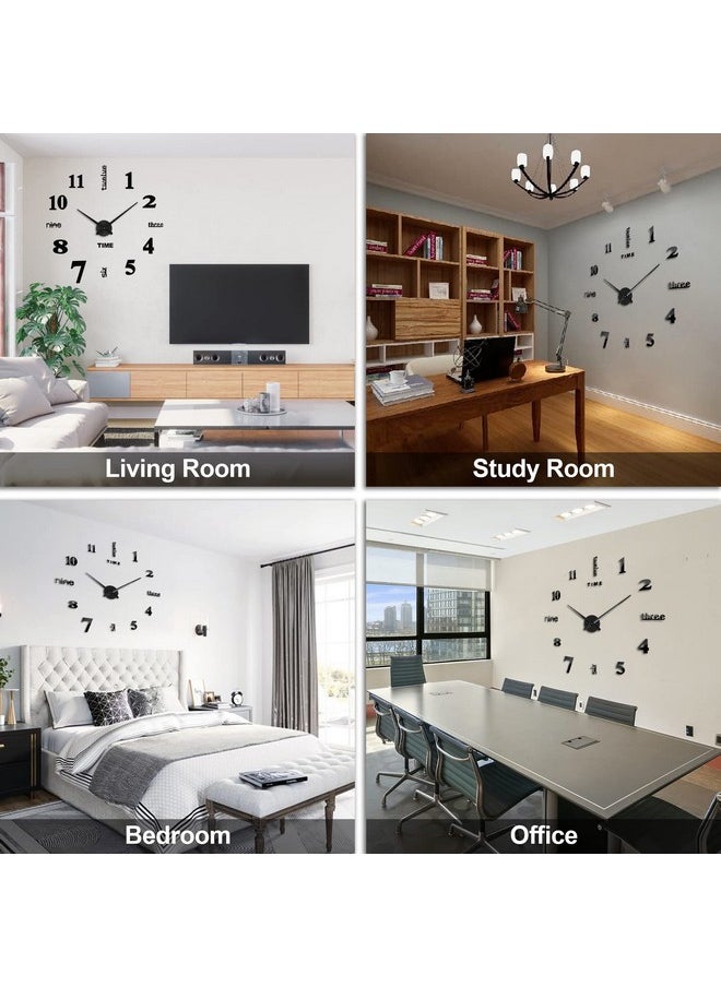 Frameless Diy Wall Clock, 3 In 1 Large 3D Frameless Wall Clock 47 Inch, 3D Diy Wall Clock For Living Room Bedroom Office Decor Wall Decor(Black)