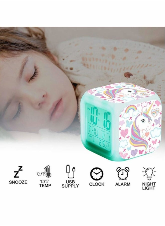 Kids Alarm Clocks, Digital Wake Up Clock 7 Colors Changing Light Bedside Clock with 8 Alarm Sounds Date Calendar Temperature