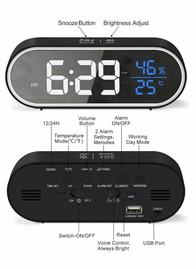 Digital Alarm Clock, Large Mirrored LED Display with Humidity Temperature USB Charger Port 5 Types of Brightness 4 Volume Smart Voice Control