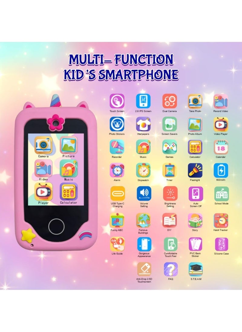 Kids Smart Phone Toys for Girls Ages 3-8 Toddler Play Travel Toys with Dual Camera Educational Learning Game Puzzle MP3 Music Player Birthday Gift for Kids Girls 3 4 5 6 7 8 Year Old (8 GB)-Pink